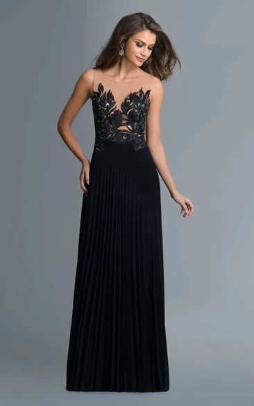 Sleeveless Scoop-Neck Applique and Pleated A-Line Formal Dress in Jersey Fabric