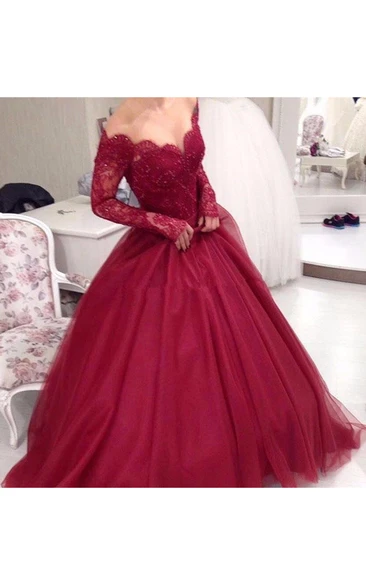 Off-the-Shoulder Tulle Ball Gown with Long Sleeves for Prom or Formal