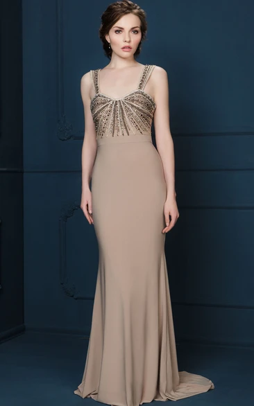 Beaded Sleeveless Floor-Length Sheath Evening Dress