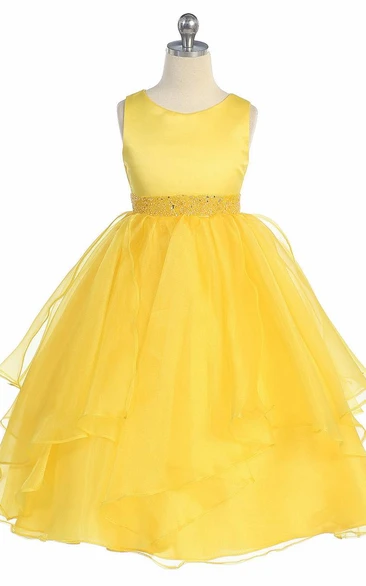 Sequin Organza Flower Girl Tea-Length Dress with Beaded Tiered Skirt and Sash