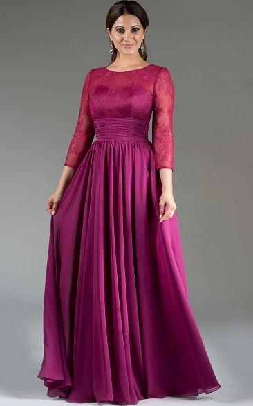 Chiffon A-Line Mother Of The Bride Dress with Scoop Neck & 3-4 Sleeves