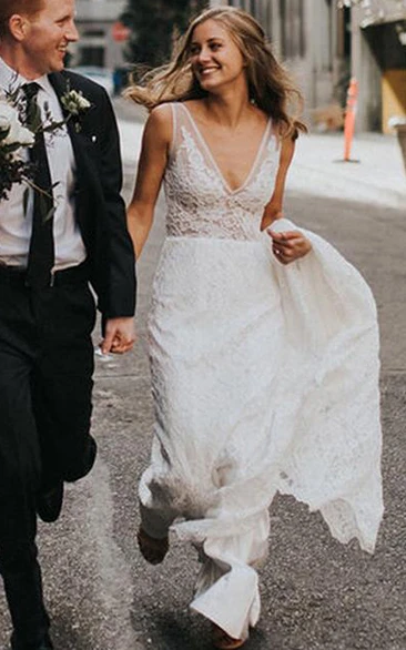 Bohemian V-neck Lace Sheath Wedding Dress with Chapel Train Romantic & Boho