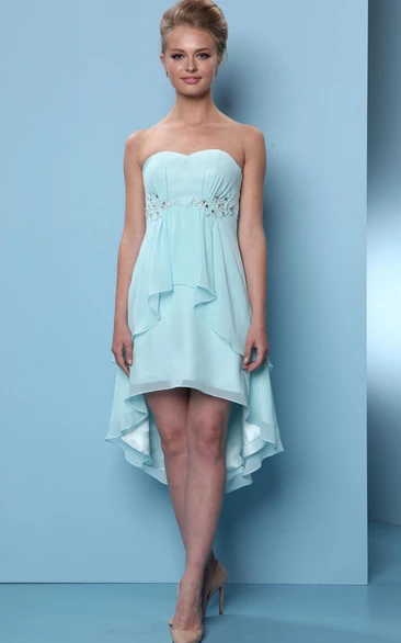 High-Low Chiffon Bridesmaid Dress with Beading Draping and Sweetheart Neckline