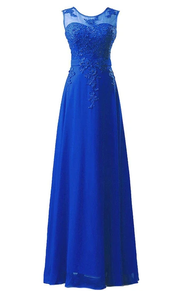 Sleeveless Chiffon Formal Dress with Lace Applique and Flowy Skirt