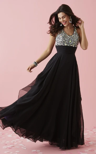 Draped Chiffon Straps Formal Dress with Beading and V-Neck A-Line Cut