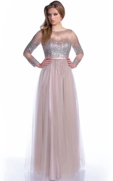 Bateau Neck A-Line Tulle Prom Dress with Sequined Bodice Long Sleeve