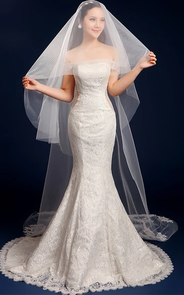 Cathedral Tulle Wedding Veil with Lace Edge and Appliques Classic Bridal Dress Accessory