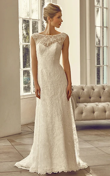 Cap-Sleeve Bateau Lace Appliqued Wedding Dress Floor-Length