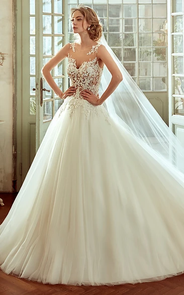 A-Line Jewel-Neck Gown with Illusive Bodice and Multi-Layer Tulle Skirt