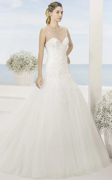 Illusion Back A-Line Tulle Wedding Dress with Beading Sleeveless & Bateau Neck