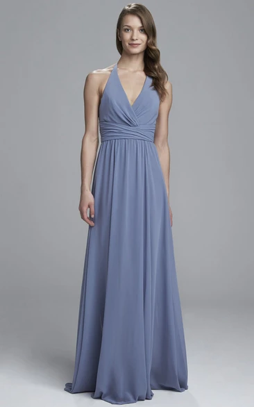 V-Neck Ruched Sheath Chiffon Bridesmaid Dress Sleeveless Floor-Length