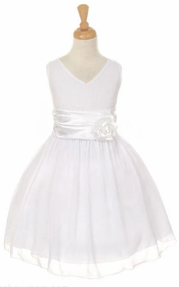 Tiered Chiffon&Satin Knee-Length Flower Girl Dress with V-Neck