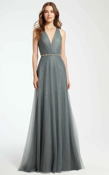 Ruched V-Neck Tulle Bridesmaid Dress A-Line Maxi with Waist Jewellery