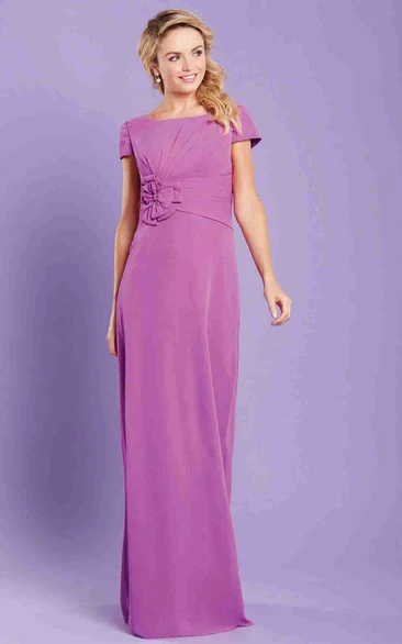 Floral Chiffon Bridesmaid Dress with Short Sleeves and Bateau Neckline