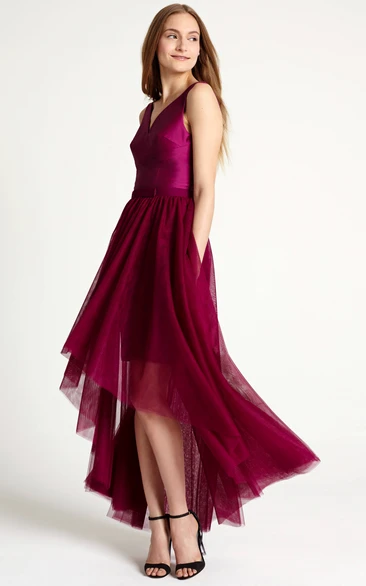 High-Low Ribboned Tulle Bridesmaid Dress with V-Neck Unique Prom Dress