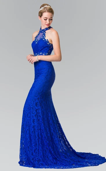 Lace Formal Dress with Beading and Pleats Sheath Sleeveless High Neck