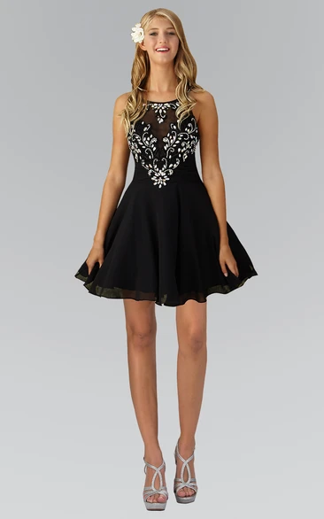 Chiffon Crystal A-Line Mini Dress with Scoop-Neck Formal Dress