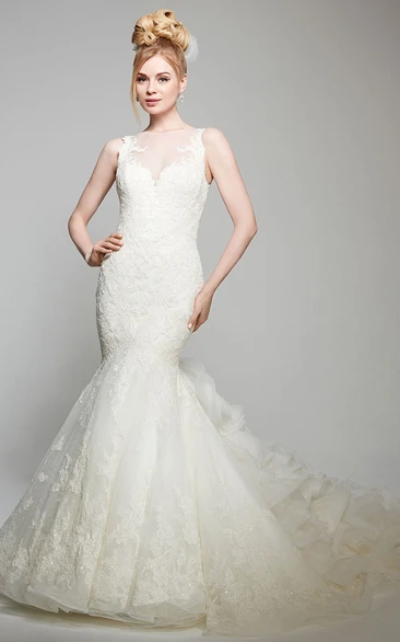 Jewel Lace Mermaid Wedding Dress with Illusion Back Sleeveless Appliqued Dress