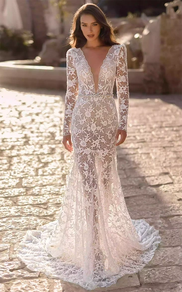 Bohemian Lace Sheath Beach Wedding Dress with Plunging Neckline and Open Back