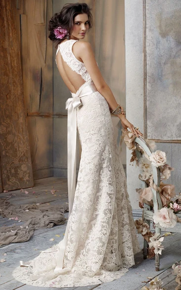 Sleeveless V-Neck Lace Wedding Dress with Bow Back Detail