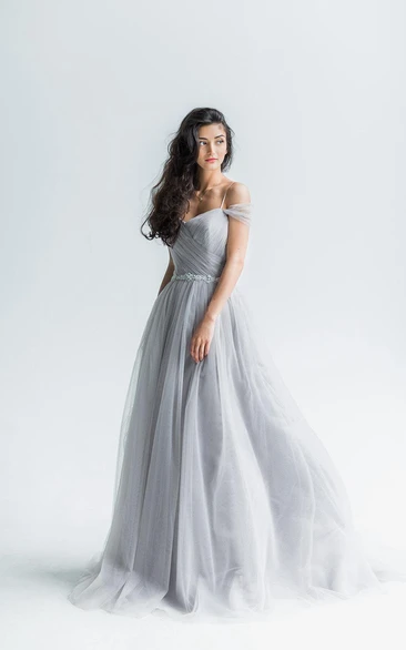 A-Line Tulle Spaghetti Dress with Criss Cross and Waist Jewelry Wedding Dress