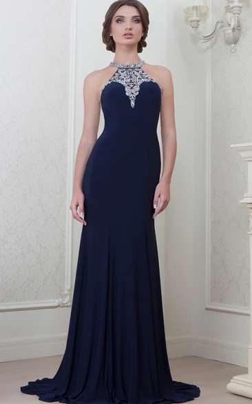 Beaded High-Neck A-Line Maxi Evening Dress with Pleats Elegant Formal Dress