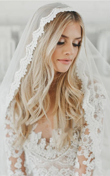 Soft Tulle Wedding Veil with Lace Applique Romantic Bridal Accessory