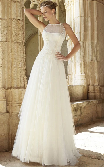 A-Line Tulle Wedding Dress with Jewel Appliques Low-V Back and Court Train