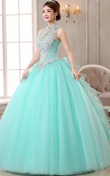 Ball Gown Organza Tulle Prom Dress with Beading and Ruffles Sleeveless and High Neck