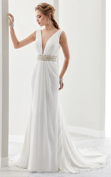 Chiffon Deep-V Wedding Dress with Draping and Open Back