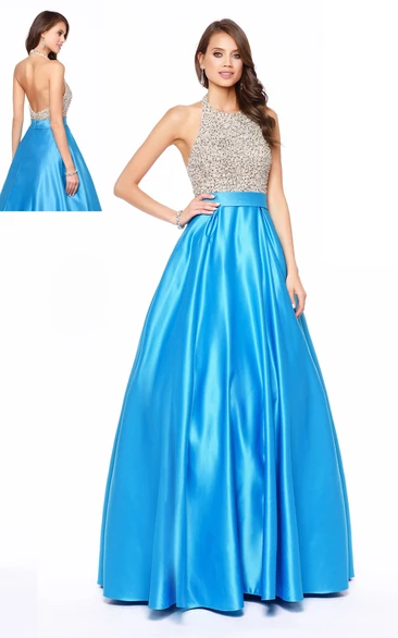 Backless Satin A-Line Dress with Beading Scoop-Neck Sleeveless Elegant