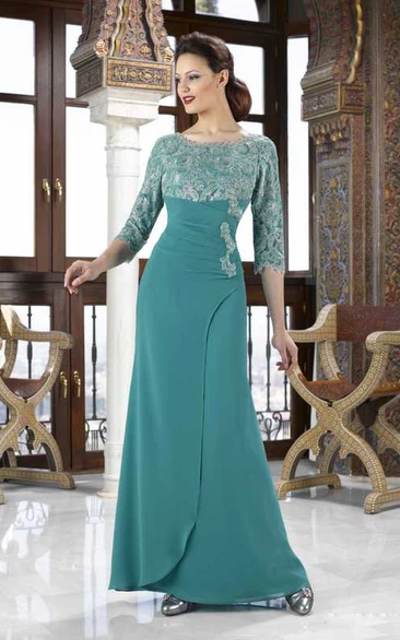 Jersey 3-4 Sleeve Mother Of The Bride Dress with Applique and Scoop Neck