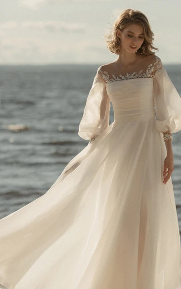 Adorable Low-V Back A-Line Organza Wedding Dress with Poet Sleeves Unique Wedding Dress