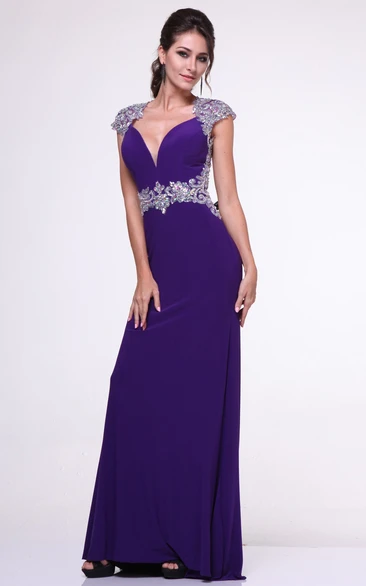 V-Neck Cap-Sleeve Beaded Sheath Bridesmaid Dress with Waist Jewelry