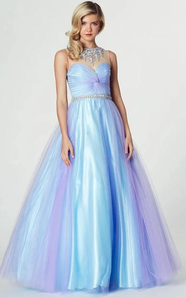 High Neck Sleeveless Ruched A-Line Tulle Prom Dress