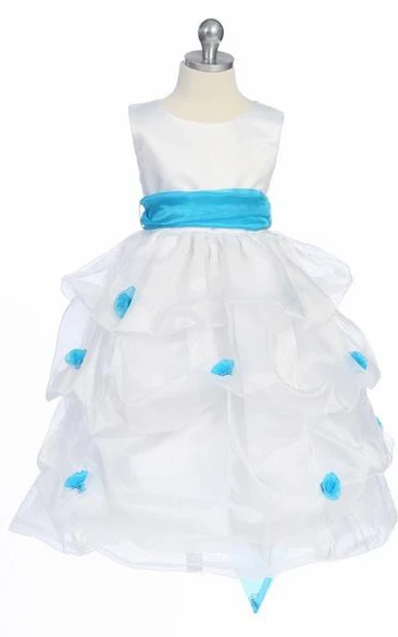 Organza & Satin Flower Girl Dress Ruched Tea-Length