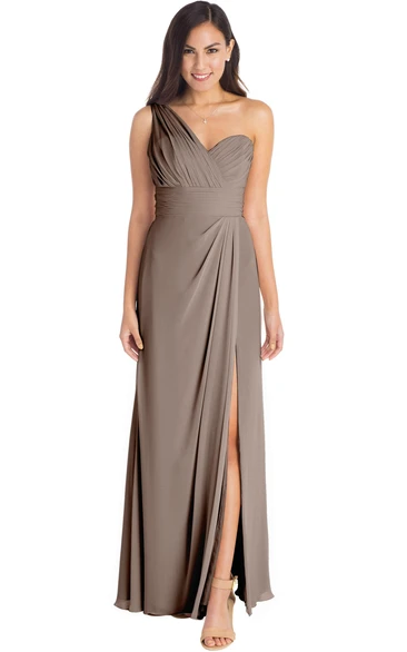 One-Shoulder Chiffon Bridesmaid Dress Ruched Sleeveless Multi-Color Split Front