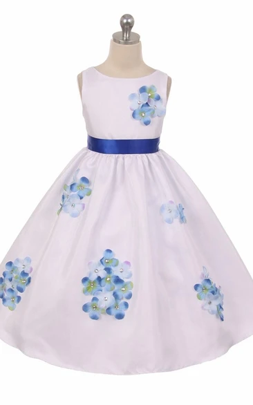 Floral Beaded Tea-Length Flower Girl Dress with Ribbon Classy Bridesmaid Dress