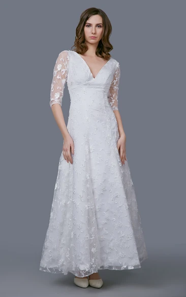 V-neckline Tea Length Gown with Illusion Sleeve and Embroidery Modern Wedding Dress