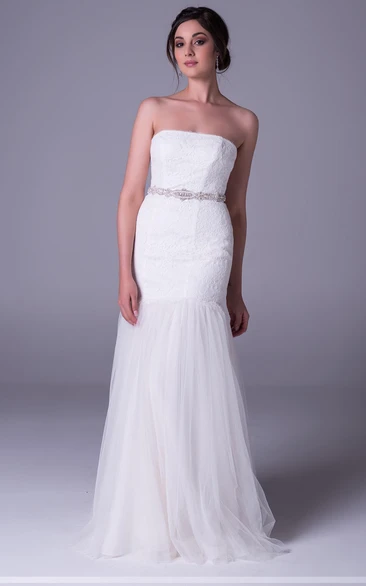 Strapless Jeweled Lace&Tulle Sheath Wedding Dress