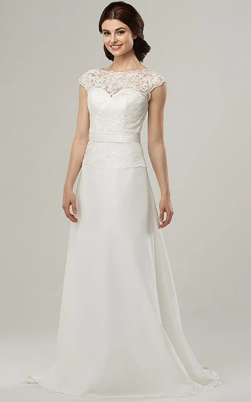 Jewel Cap-Sleeve Chiffon Wedding Dress with Appliques Simple Wedding Dress