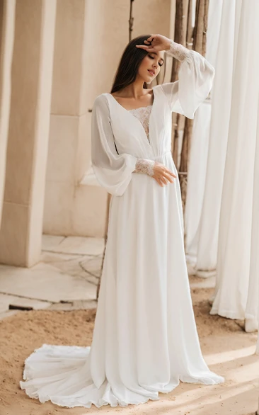 Elegant Flowy Boho A-Line Puff Long Sleeve Wedding Dress Formal Beach Illusion Plunging Neckline Deep-V Back Reception Bridal Gown with Court Train