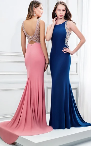 Floor-Length Sheath Beaded Jersey Prom Dress Sleeveless Elegant Unique