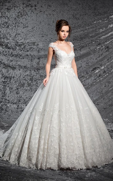 V-Neck Lace Applique Ball Gown Wedding Dress