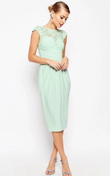 Lace Cap Sleeve Tea-Length Bridesmaid Dress with Bateau Neck