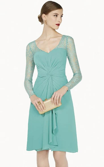 Knee Length Chiffon Prom Dress with V Neck and Long Sleeves