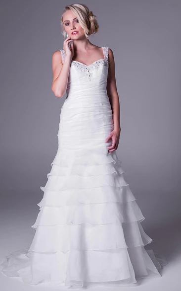 A-Line Organza Wedding Dress with Tiered Skirt and Beaded Details Sleeveless and Strapped