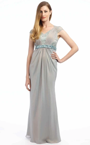 Floor-Length V-Neck Chiffon Prom Dress with Lace and Ruching Cap-Sleeve Jeweled