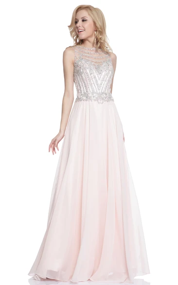 Chiffon A-Line Dress with Jewel Neckline Pleats and Beading
