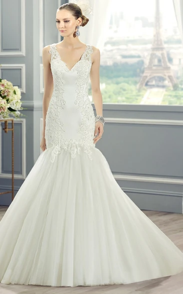 Mermaid V-Neck Lace&Tulle Wedding Dress with Appliques and Illusion Back